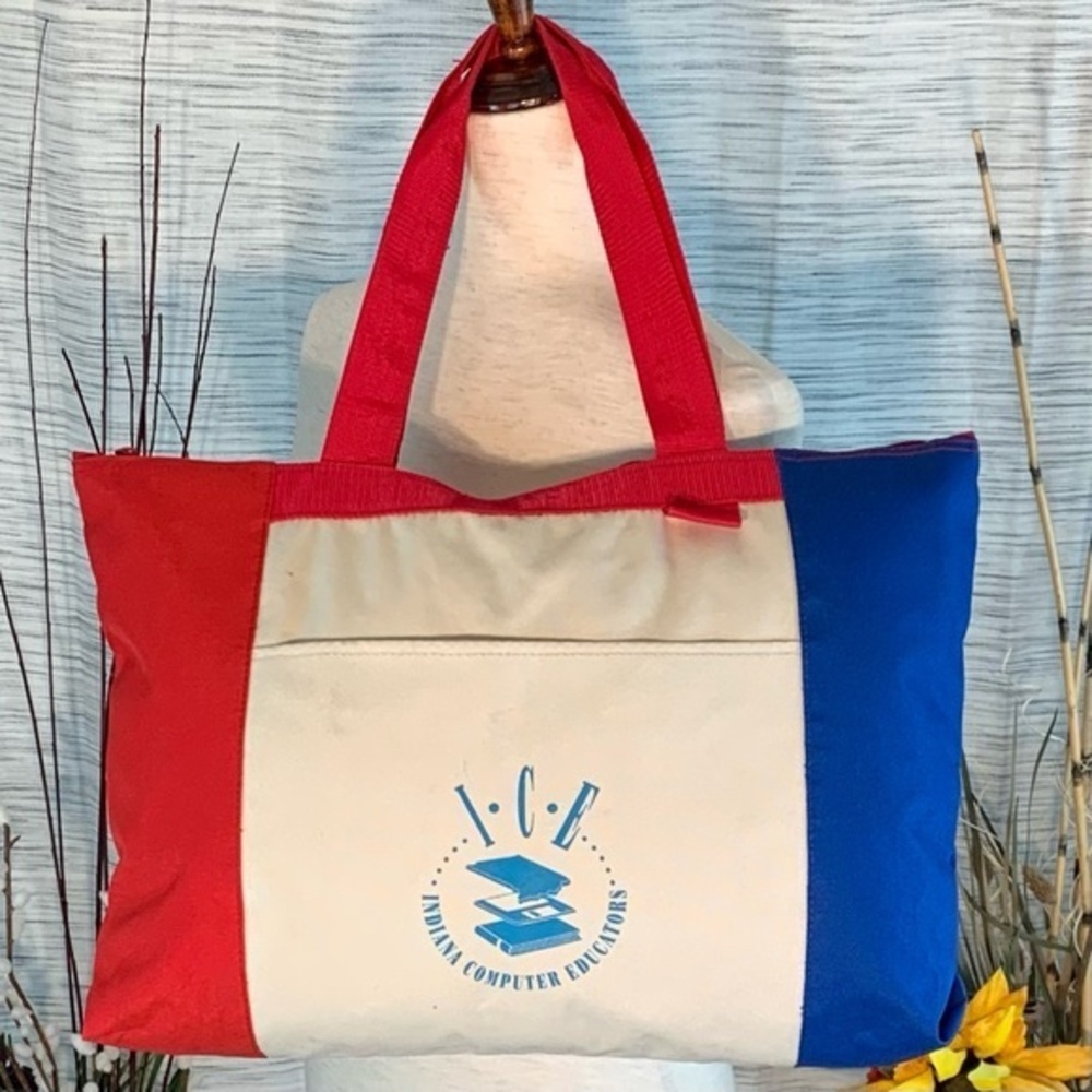 “I.C.E.” Red, white and blue zippered tote bag.